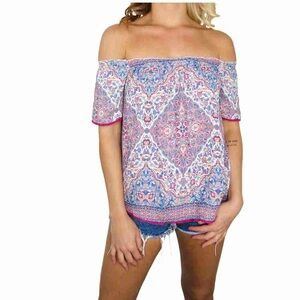 Women's Off-Shoulder Paisley Top - Pink and Blue
